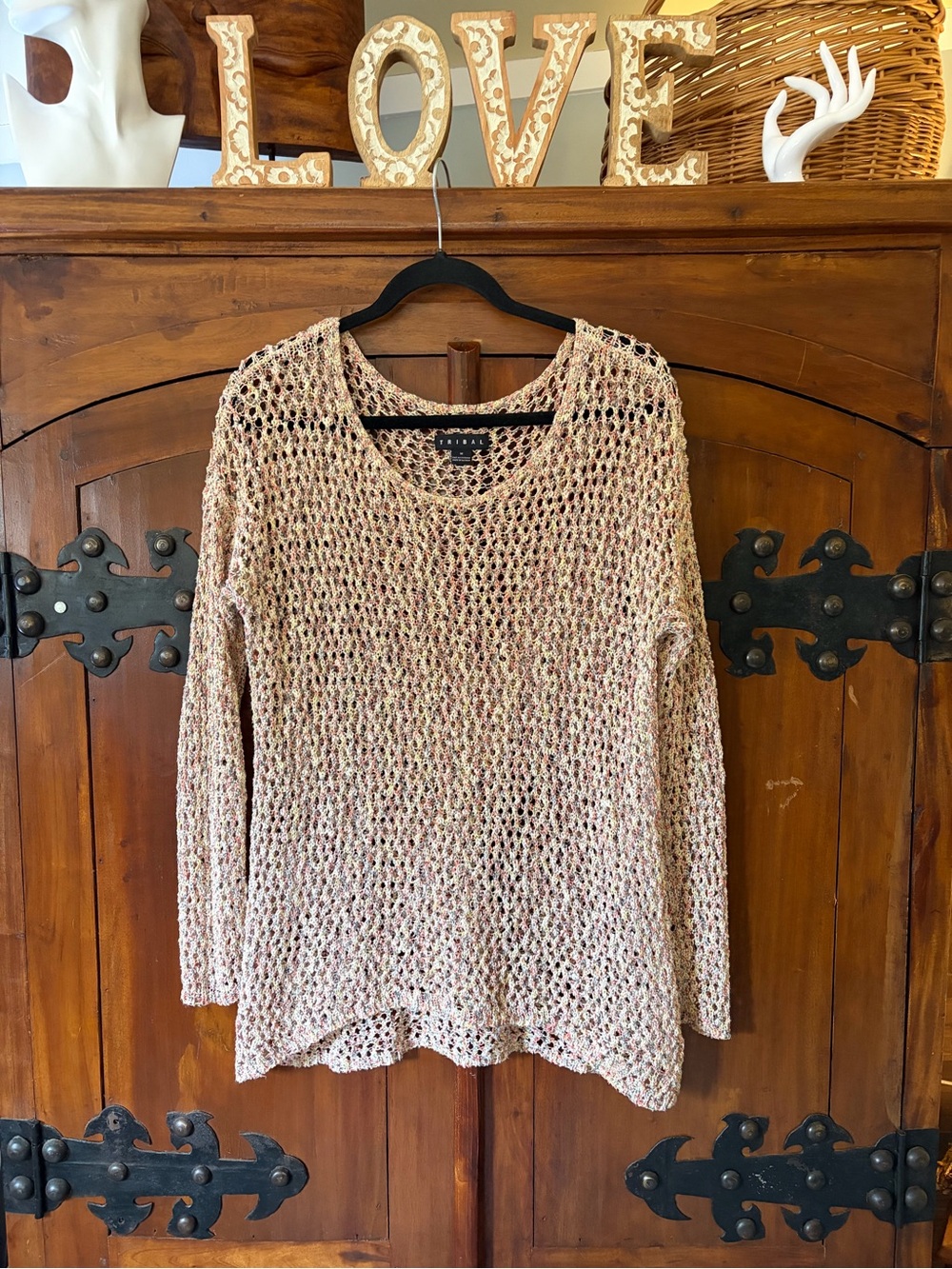 Tribal Open Knit Scoop Neck Sweater - Pink, Cream, Brown